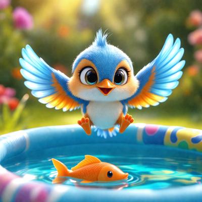The primary subject of the image is a small, cute bird with blue and yellow feathers. The bird is flying over a pool of water, which is filled with fish. The scene is set in a garden, with a potted plant visible in the background. The visual style of the image is a combination of photo and digital art, creating a whimsical and lively atmosphere. The dominant colors in the image are blue, yellow, and green, with the bird's feathers being the most prominent feature.